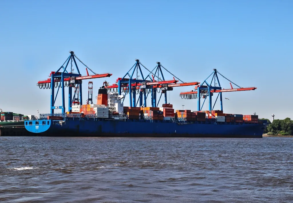 Container ship under gantry cranes at a port